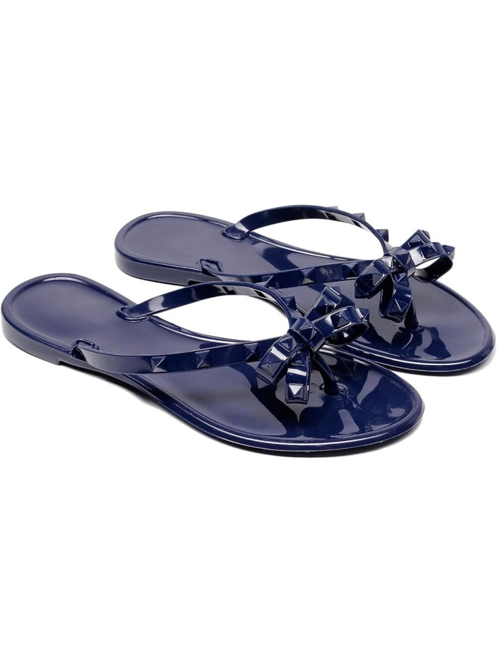 Women Navy Blue Thong Open Toe Jelly Bow Stud Slip On Studded Flat Sandal Shoes